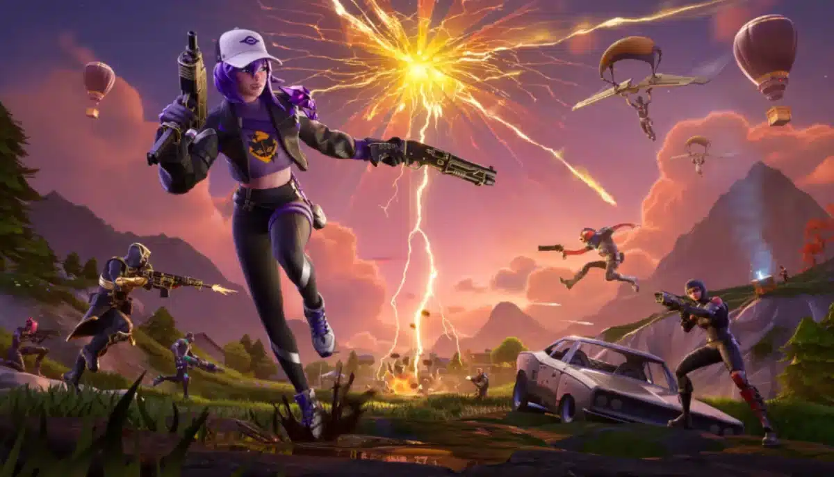 Flera karaktärer i futuristiska dräkter strider i ett färgstarkt landskap från spelet Fortnite.