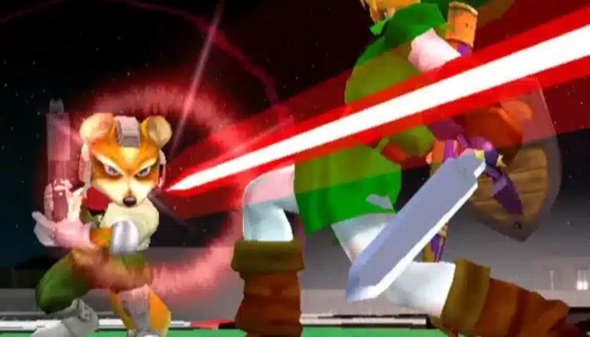 Fox och Link slåss mot varandra i ett intensivt moment från spelet Super Smash Bros. Melee.