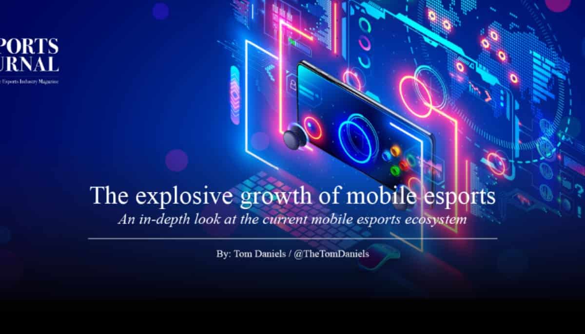 Omslagsbild med en smartphone och färgstarka digitala grafiska element, titel: "Den explosiva tillväxten av mobil esport".