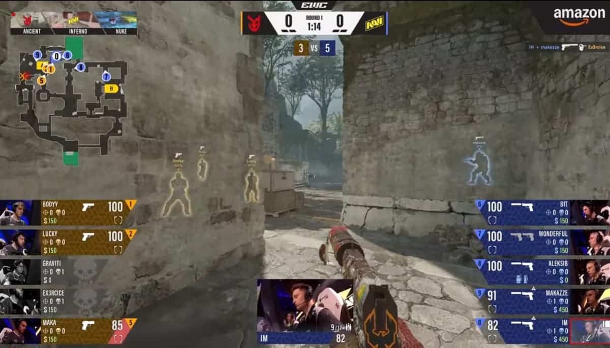 E-sportmatch i Counter-Strike 2, vy över spelare och statistik under en turnering.