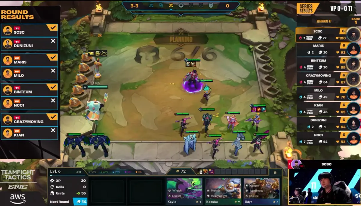Teamfight Tactics-semifinal: Spelbräde, enheter och rundresultat visas med SCSC i fokus.