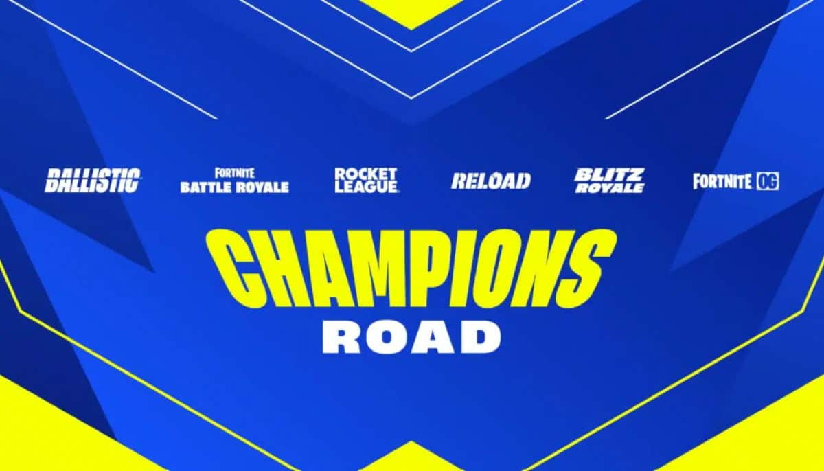 Text i gult och vitt: "CHAMPIONS ROAD" med logotyper för spel som Fortnite, Rocket League och Ballistic.
