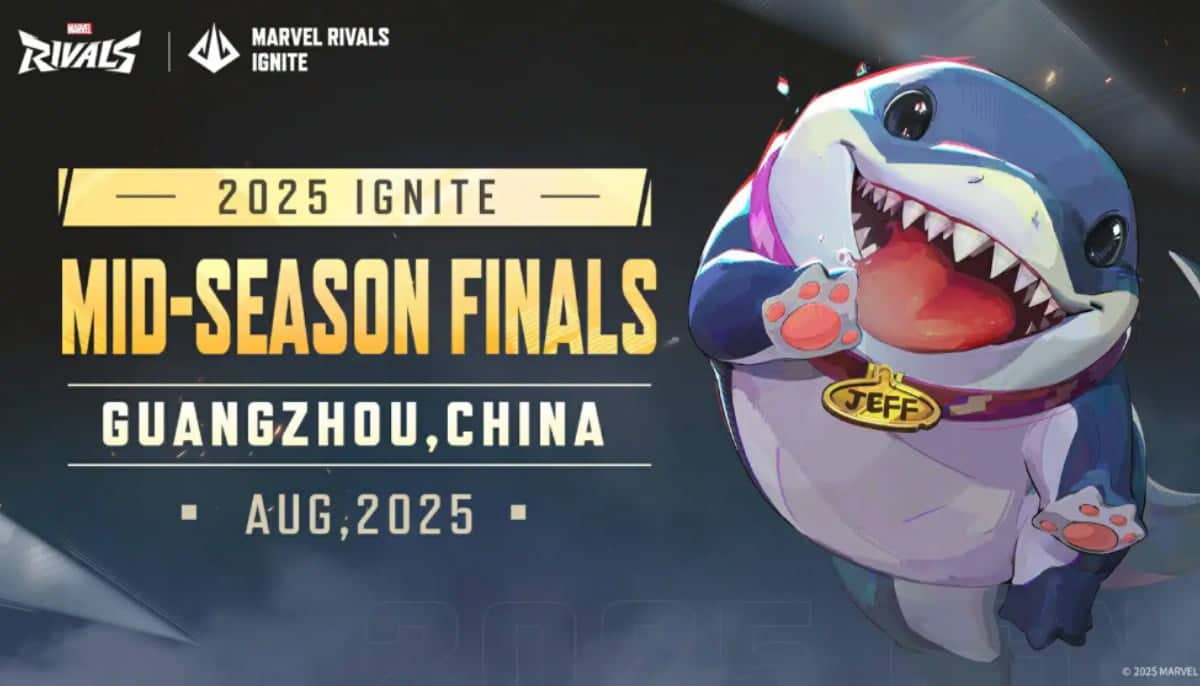 Affisch för Marvel Rivals Ignite 2025 Mid-Season Finals i Guangzhou, Kina, med hajen Jeff.