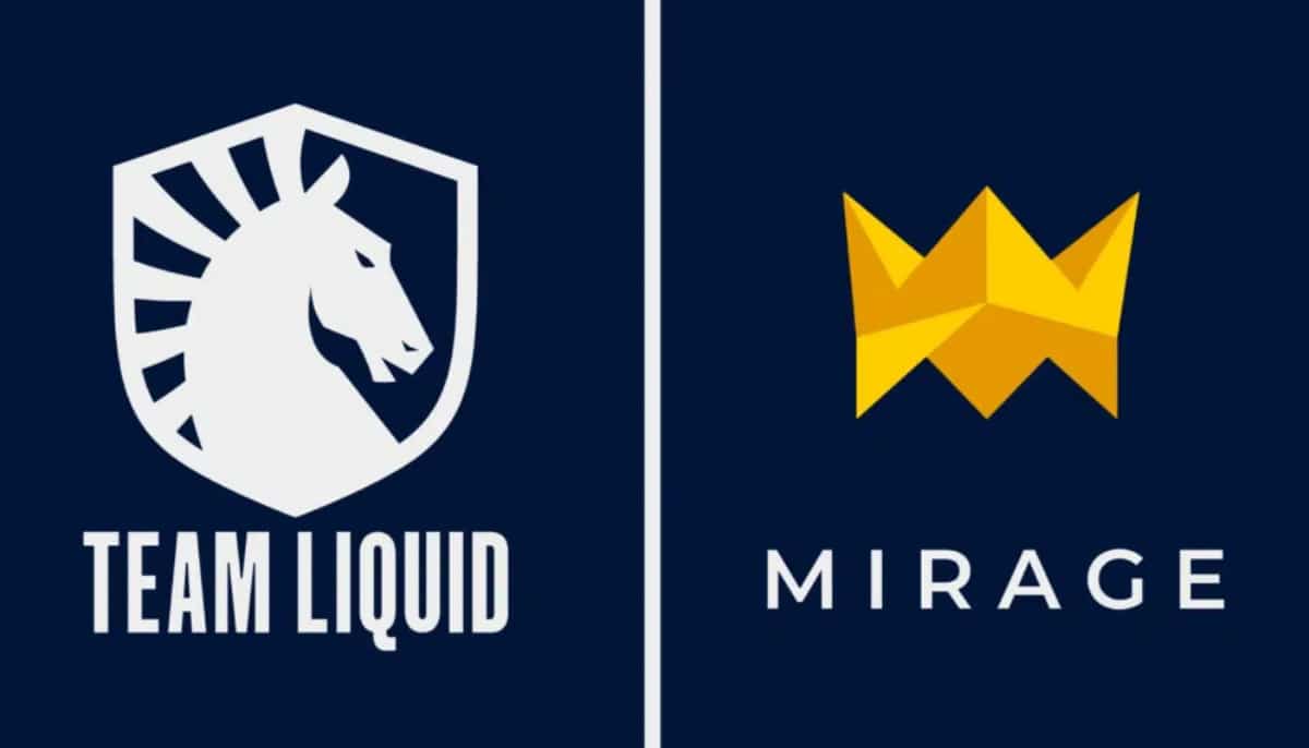 Två logotyper: Team Liquid med en häst och Mirage med en gul krona på mörkblå bakgrund.