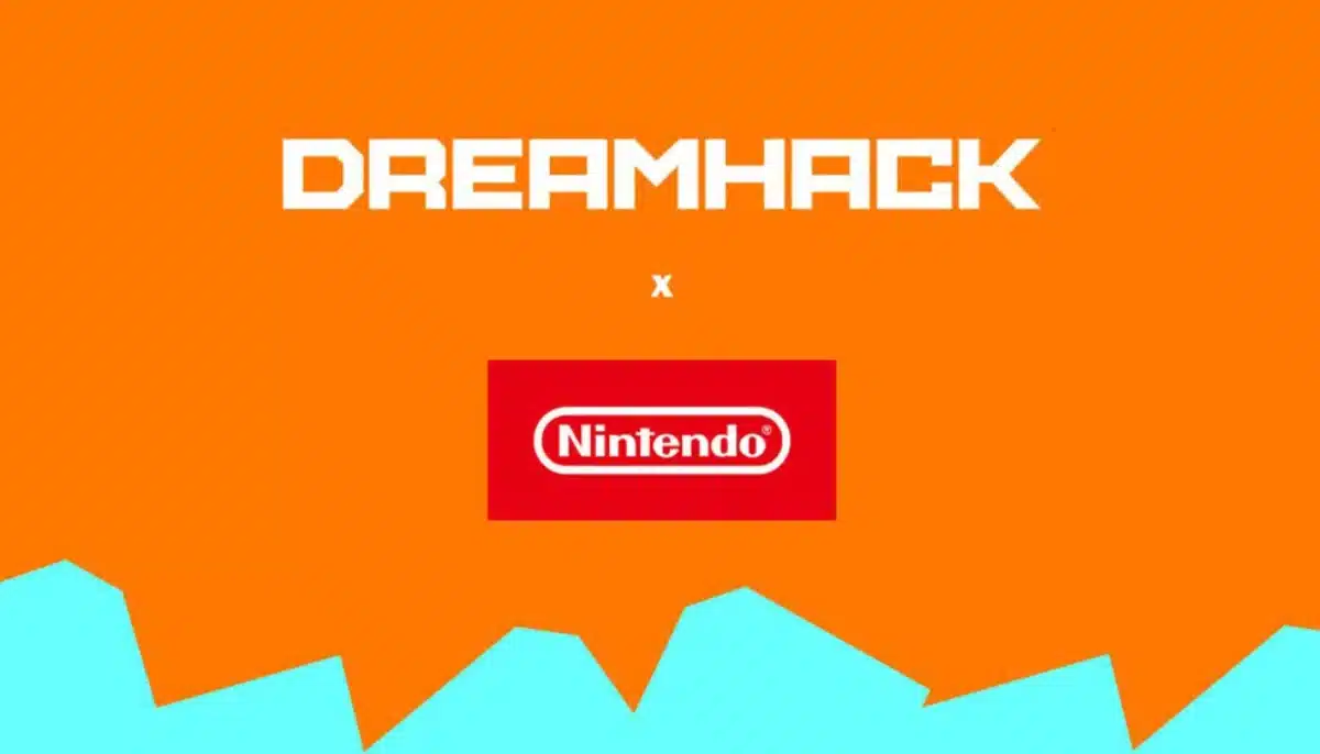 DreamHack-logotypen och Nintendo-logotypen på orange bakgrund med blått mönster längst ner.