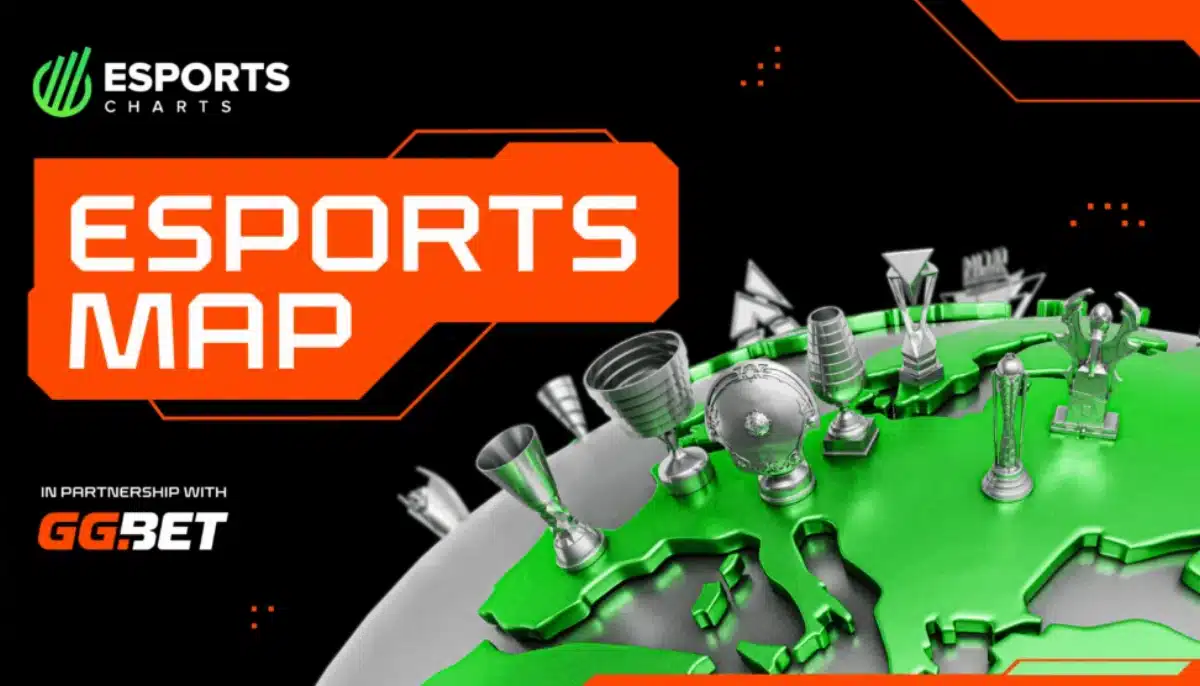 Esports Map-troféer på en grön världskarta, partnerskap mellan Esports Charts och GG.Bet syns i bilden.