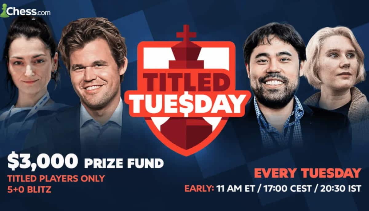 Affisch för Titled Tuesday på Chess.com med text om prispott, tid och speltyp för schackturneringen.