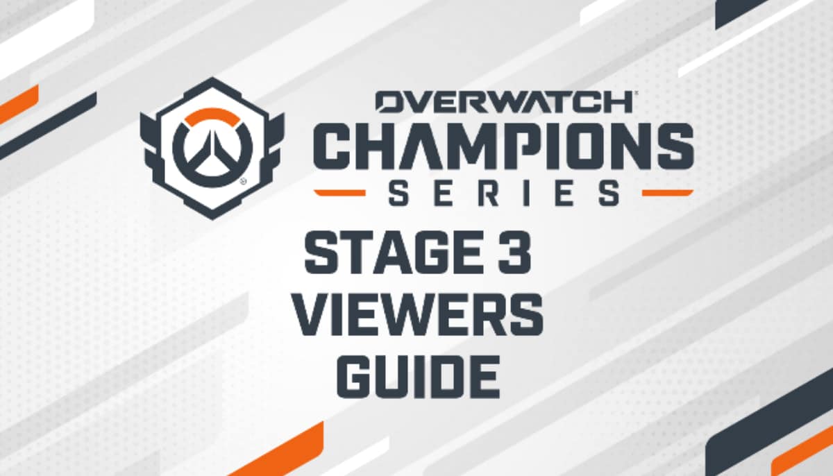 Titelbild för Overwatch Champions Series Stage 3 med texten "Viewers Guide"