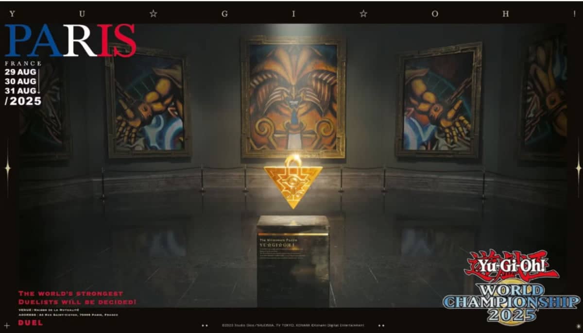Yu-Gi-Oh! VM 2025 annonseras i Paris med Millennium-pusslet och Exodia-målningar på museum.