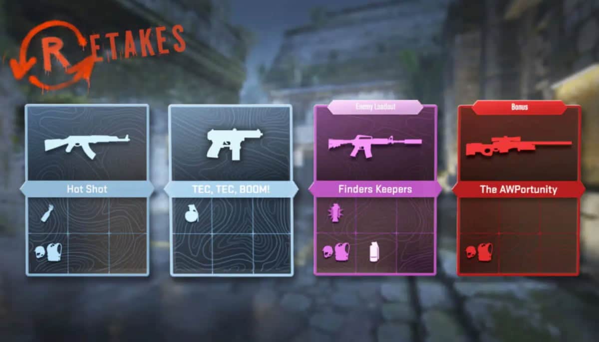 Spelskärm från Counter-Strike 2 med olika vapenval och läget Retakes markerat i övre vänstra hörnet.