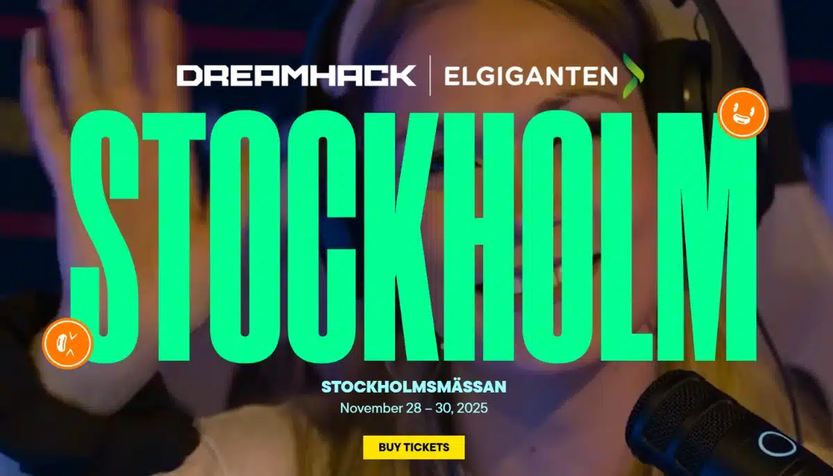 DreamHack Stockholm 2025 – stor, grön text över bakgrund med gamer och mikrofon, eventdatum och biljettknapp synliga.
