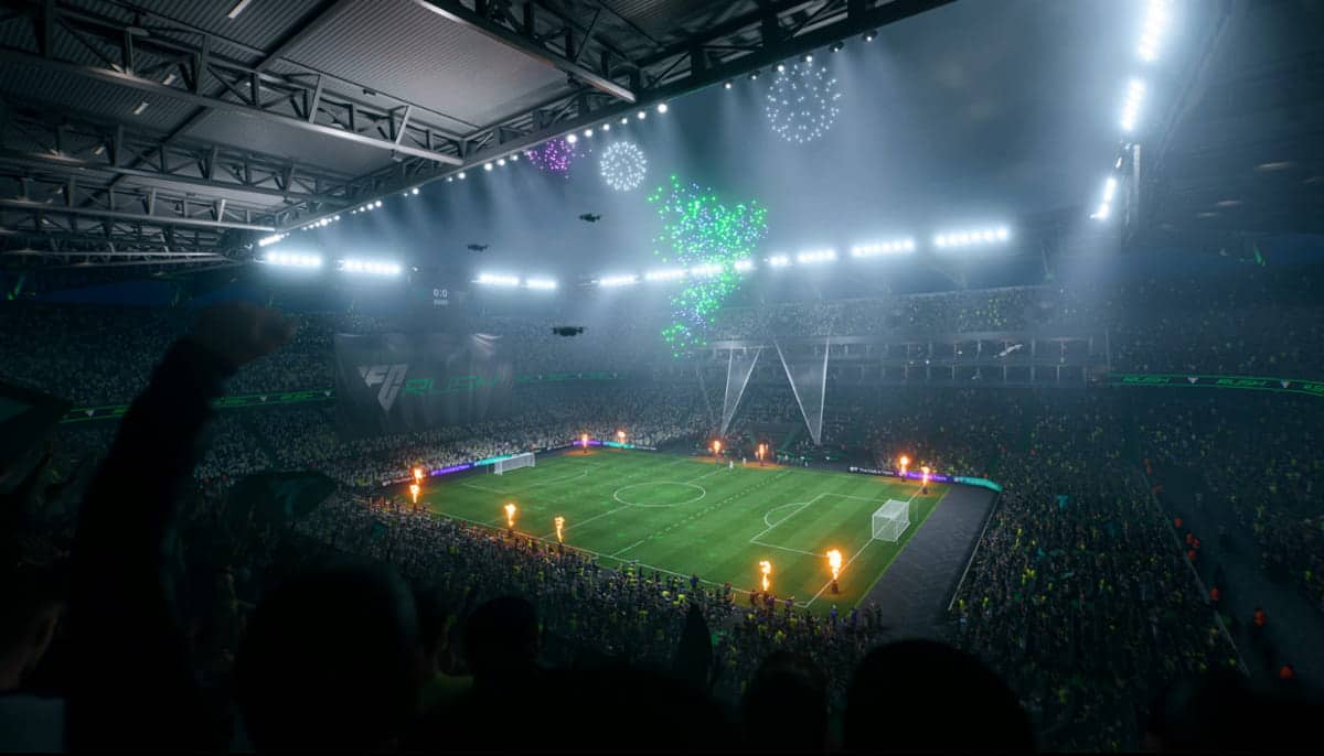 Fullsatt fotbollsarena med fyrverkerier, drönare och dramatisk ljussättning över planen.