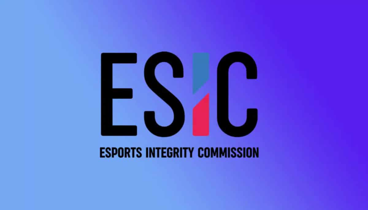 ESIC-logotyp med texten Esports Integrity Commission mot blå och lila bakgrund.