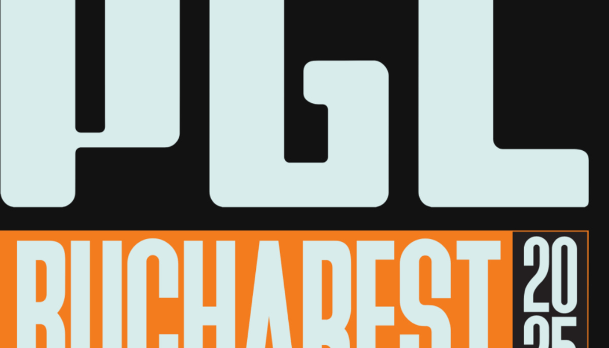 PGL Bucharest 2025-logotyp i stora vita bokstäver mot svart och orange bakgrund.