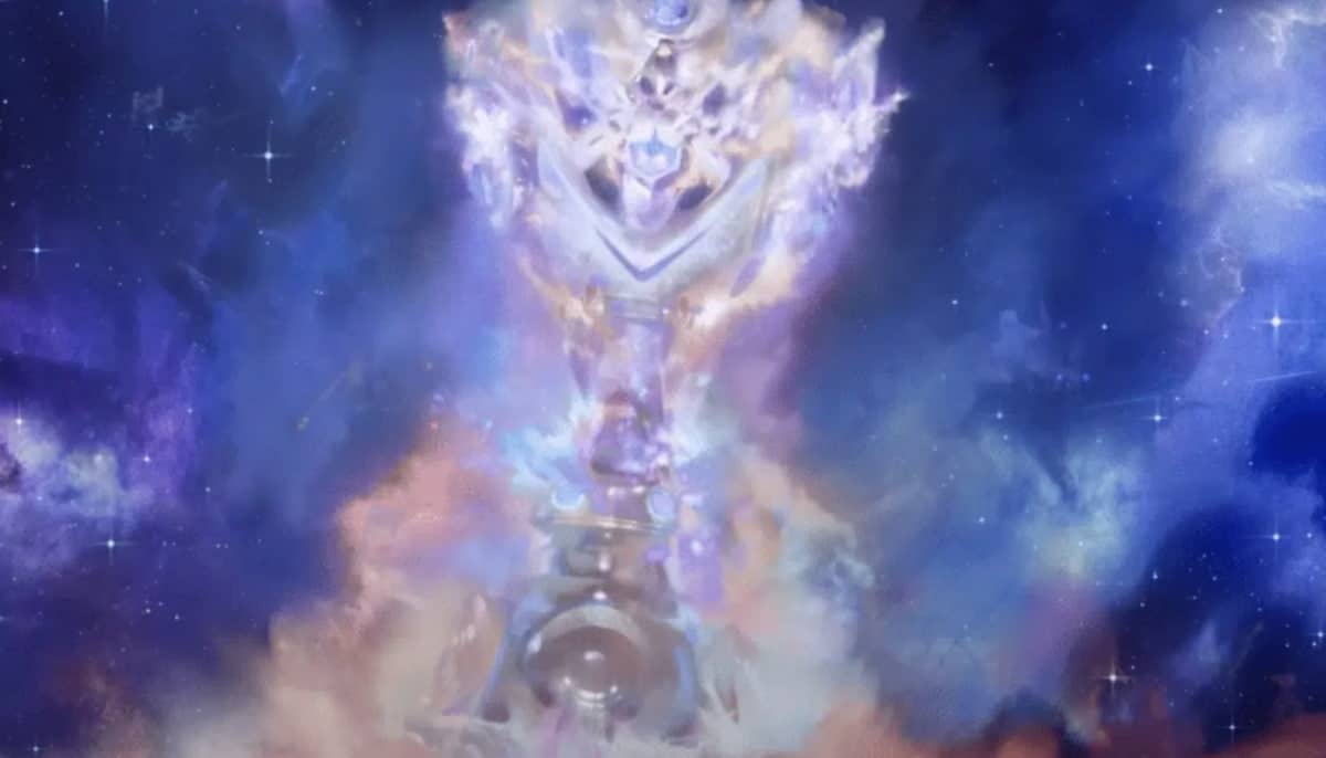 En fantasifull illustration av en glödande trofé omgiven av rymdliknande ljus och färger från League of Legends.
