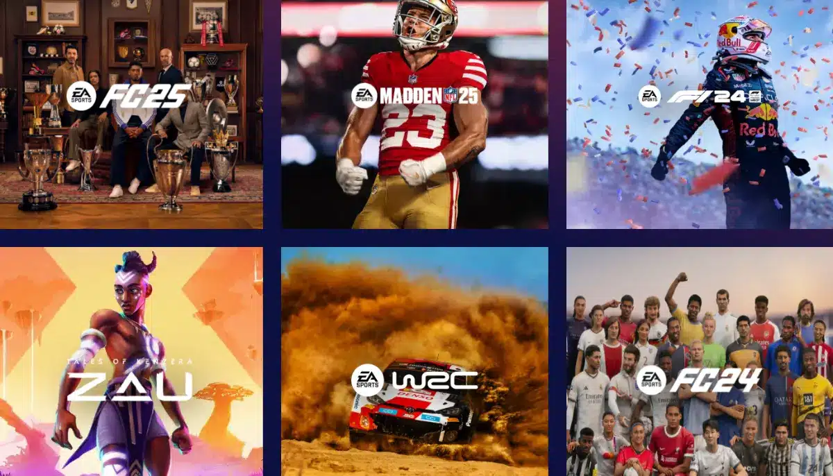 En samling EA-spelomslag: fotboll, amerikansk fotboll, Formel 1, rally, äventyr och lagbild med spelare.