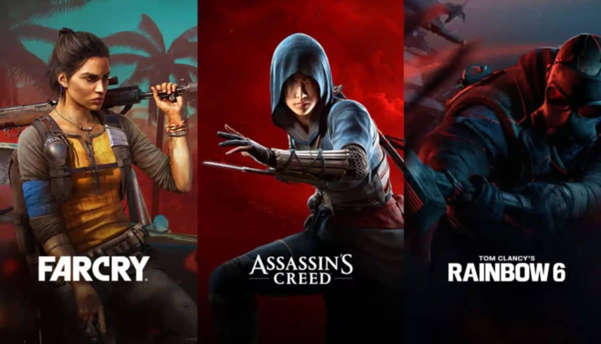 Kollage med karaktärer från Ubisoft-spel: Far Cry, Assassin's Creed och Rainbow Six.