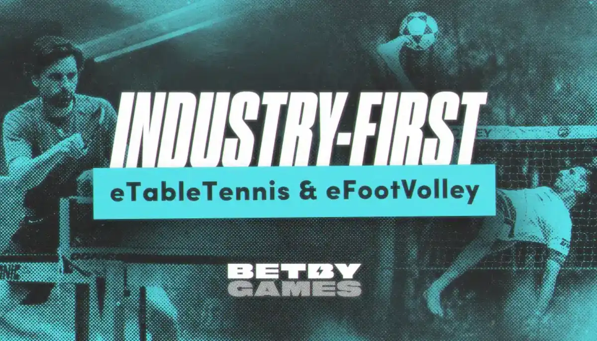 Reklambild för BETBY Games som lanserar eTableTennis och eFootVolley, med spelare i bakgrunden och stor text INDUSTRY-FIRST.