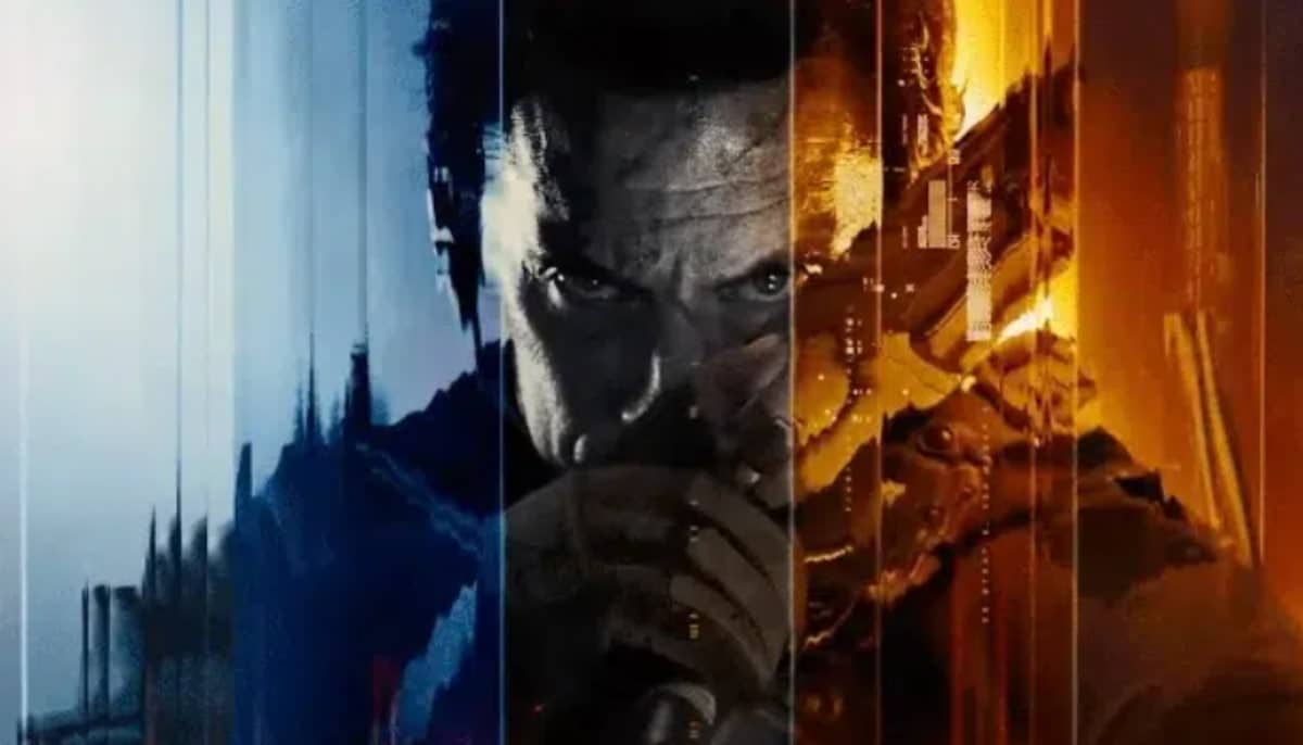 Konstnärlig bild i blått och orange med beväpnad man i centrum, inspirerad av Call of Duty.