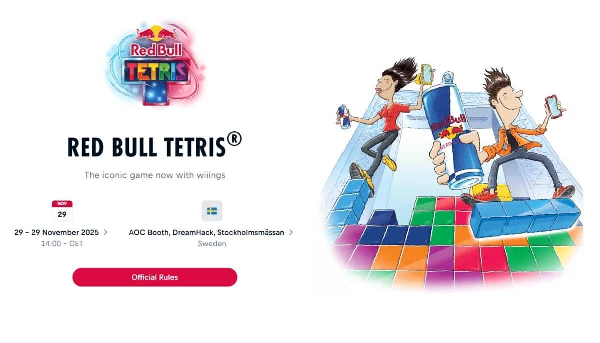 Illustration av Red Bull-sponsrat Tetris-event med spelare som kliver runt på färgglada block.