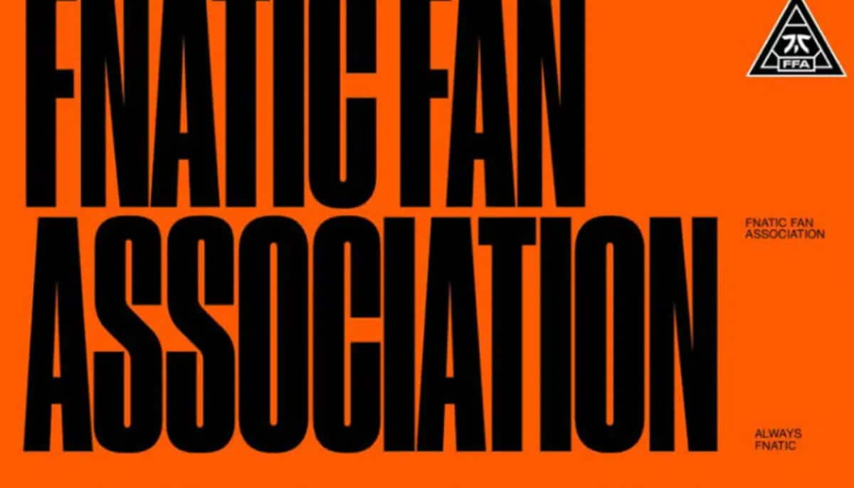Orange bakgrund med svart text ”Fnatic Fan Association” och liten Fnatic-logotyp i hörnet.