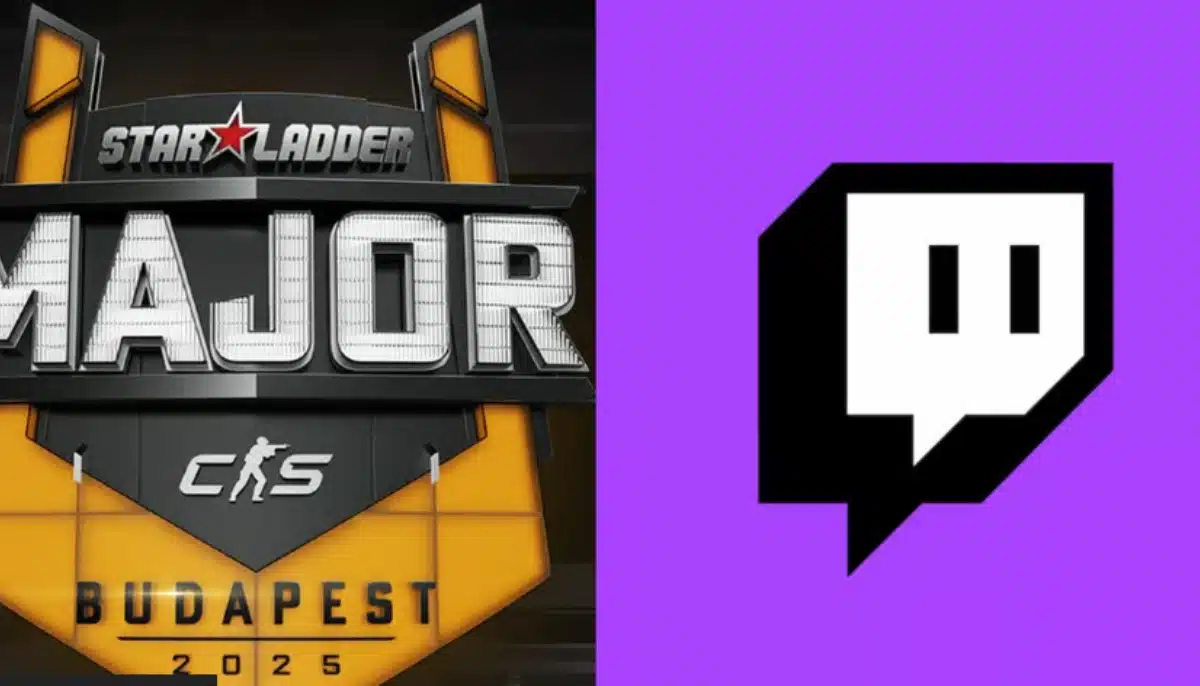 Logotyper för StarLadder CS2 Major 2025 och Twitch sida vid sida i gult och lila.