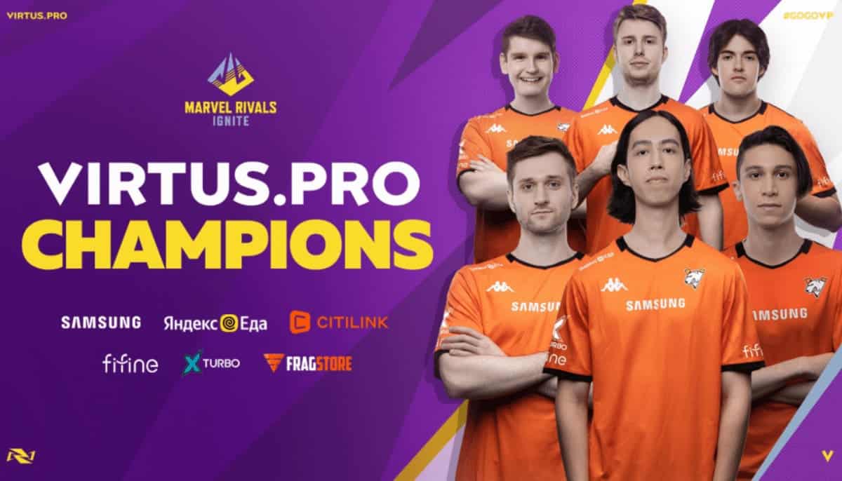 Virtus.pro firar segern i Marvel Rivals Ignite, laget poserar i orange tröjor mot lila bakgrund.