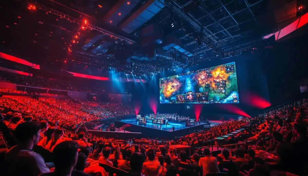 Storfylld arena med publik som ser ett e-sportlag spela på en enorm skärm med färgstarka spelgrafiker.