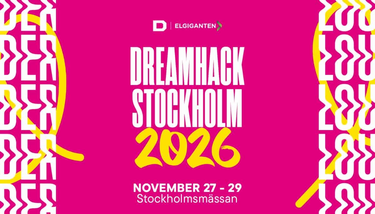 Färgstark DreamHack Stockholm 2026-poster med datum och plats angivet på rosa bakgrund.