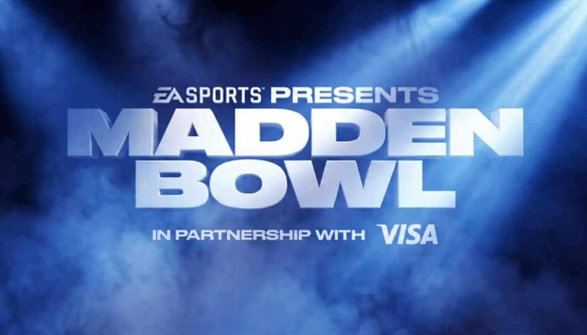 Grafik för EA Sports Madden Bowl i samarbete med Visa, mot blå rökig bakgrund