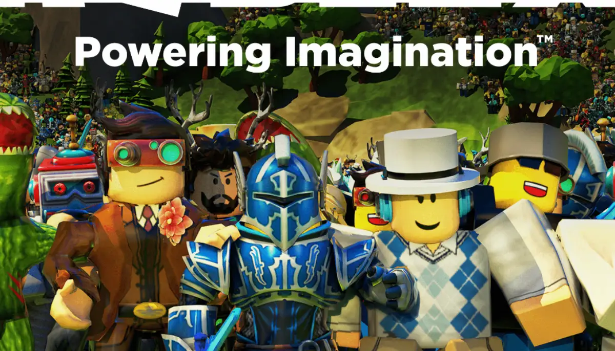 Roblox-karaktärer i färgglada kostymer framför texten ”Powering Imagination