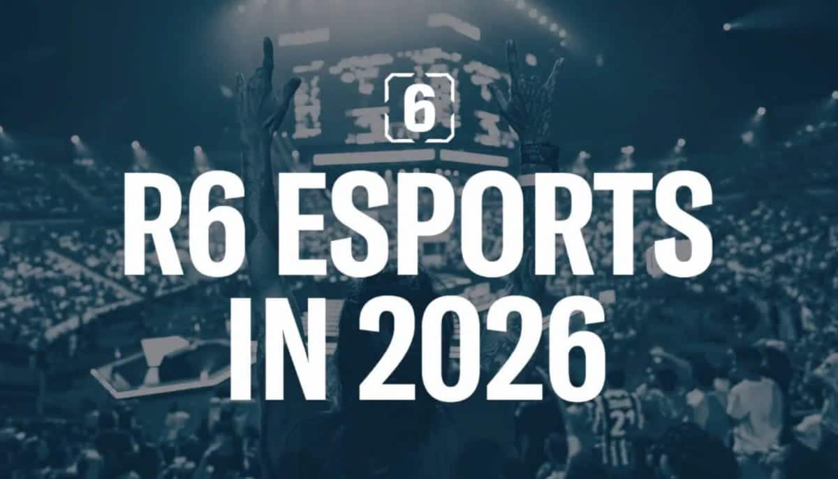 Grafik med texten R6 Esports in 2026 över publik i arena under e-sportsevenemang