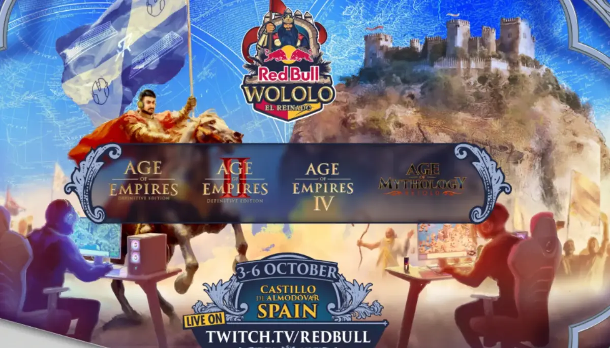 Affisch för Red Bull Wololo med Age of Empires och Age of Mythology, slott i bakgrunden och esportspelare på scen.
