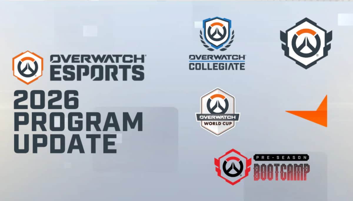 Grafik som visar Overwatch Esports 2026 Program Update med logotyper för World Cup, Collegiate och pre-season bootcamp.