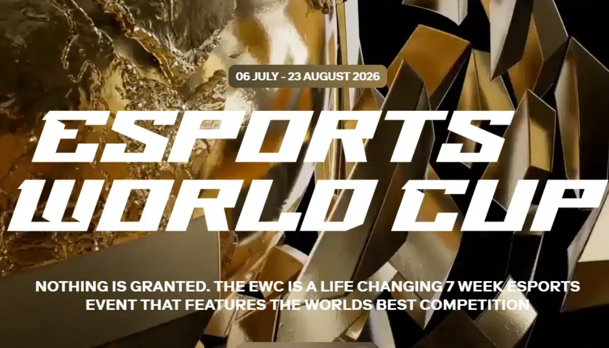 Grafisk bild för Esports World Cup 2026 med guldfärgade former, texten “Esports World Cup” och datumet 6 juli–23 augusti.