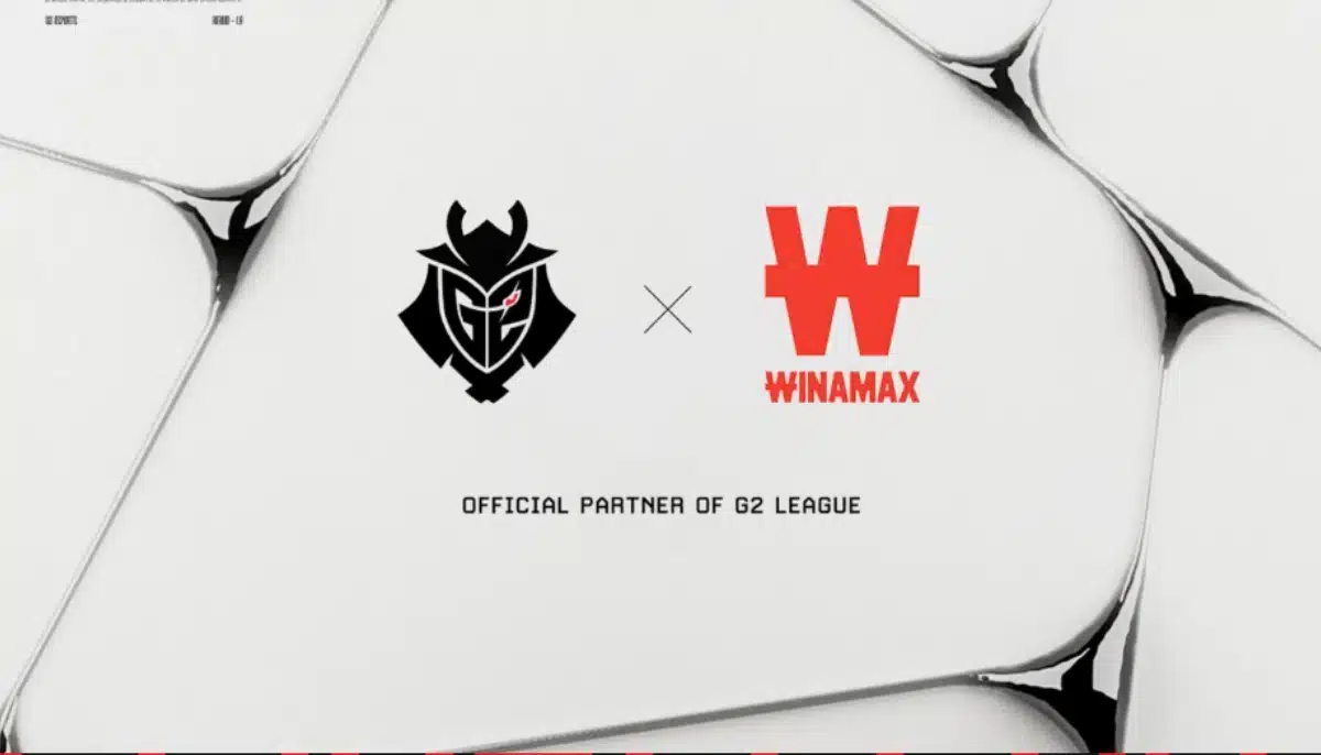 G2 Esports-logotyp bredvid Winamax-logotypen på vit bakgrund, med texten ”Official Partner of G2 League”.