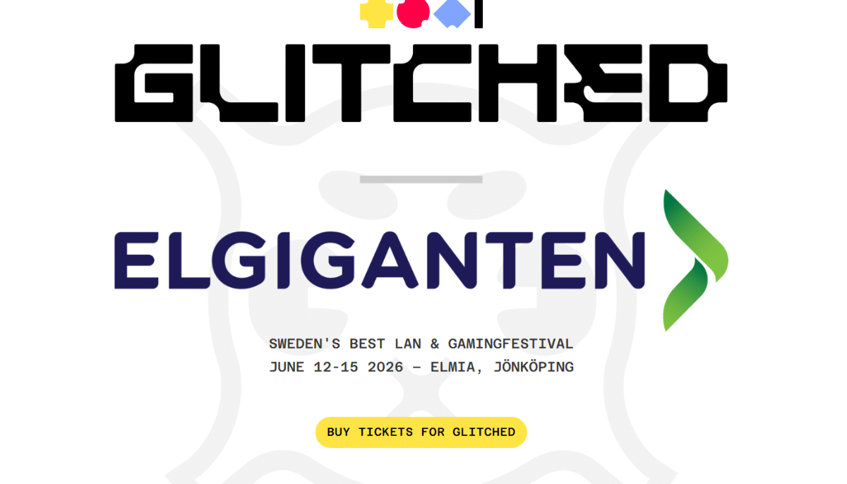 Affisch för Glitched och Elgiganten med info om LAN- och gamingfestival i Jönköping juni 2026.