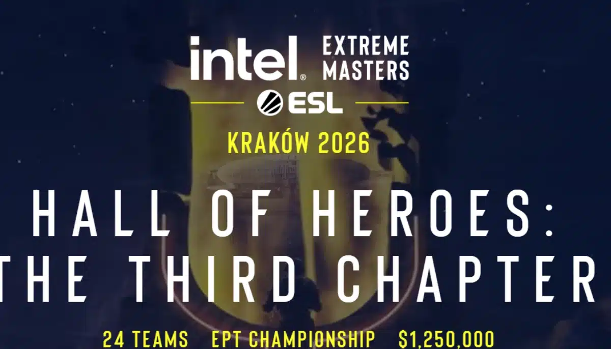 Grafisk affisch för Intel Extreme Masters Kraków 2026 med texten ”Hall of Heroes: The Third Chapter”.