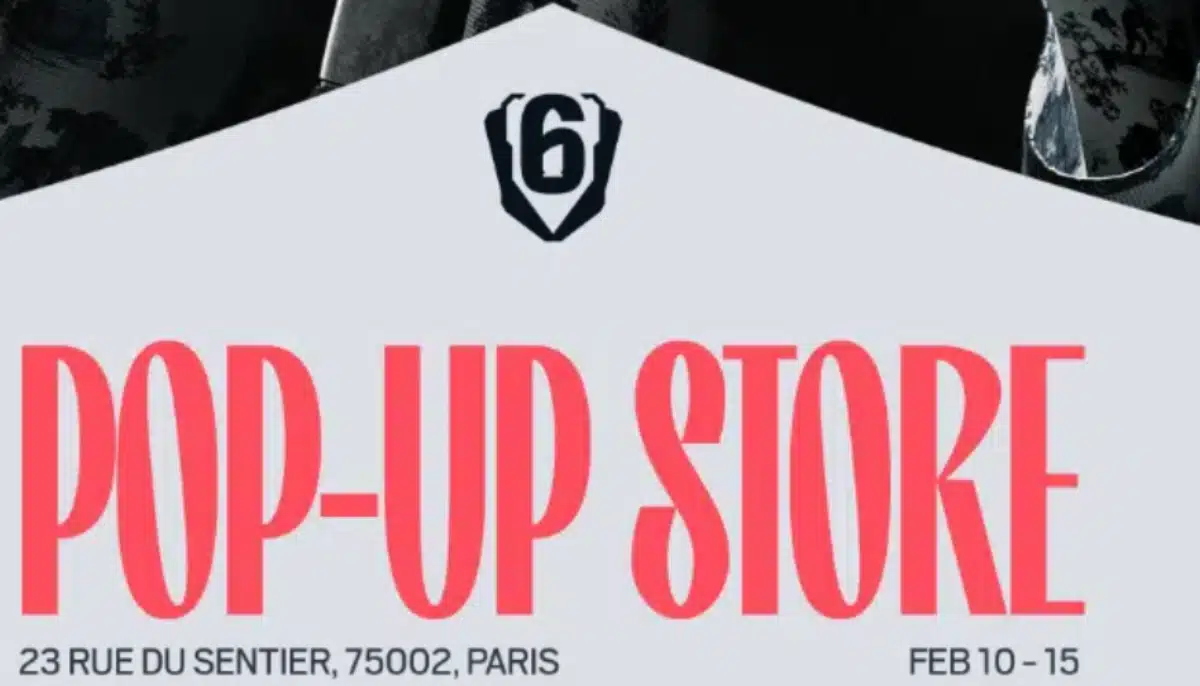 Affisch med texten “Pop-up Store” samt adress i Paris och datum 10–15 februari, med Ubisoft-relaterad grafik.