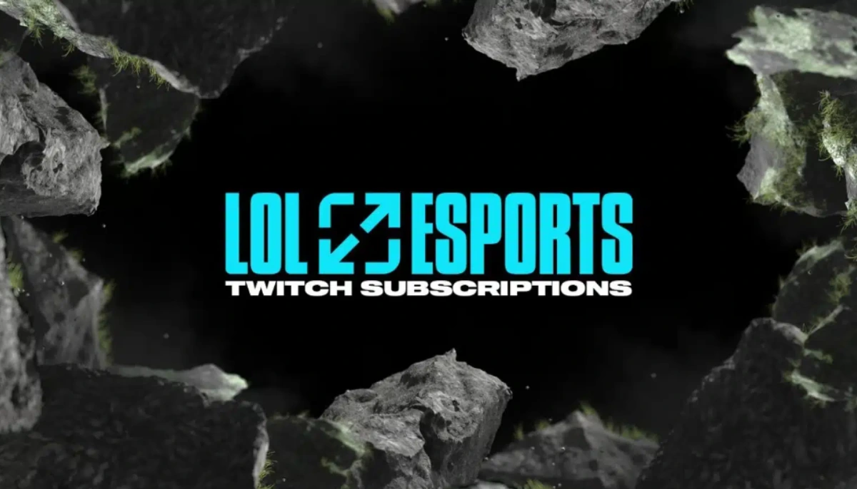 Grafik med texten ”LoL Esports Twitch Subscriptions” mot mörk bakgrund med stenar runtom.