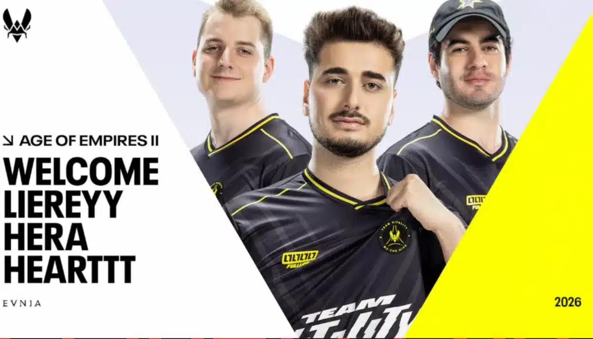 Grafik för Team Vitality i Age of Empires II med tre e-sportspelare i lagtröjor och välkomsttext inför 2026.