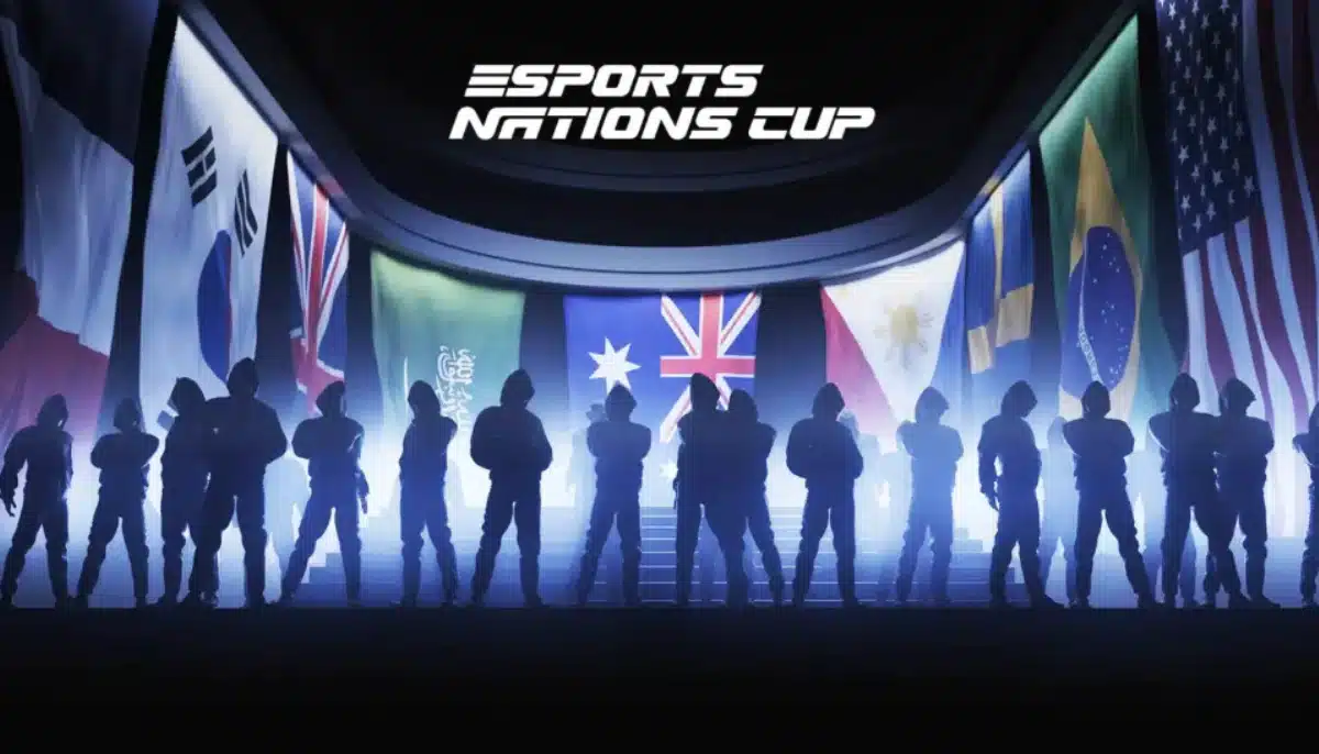 Silhuetter av e-sportspelare framför nationsflaggor och texten Esports Nations Cup på scen