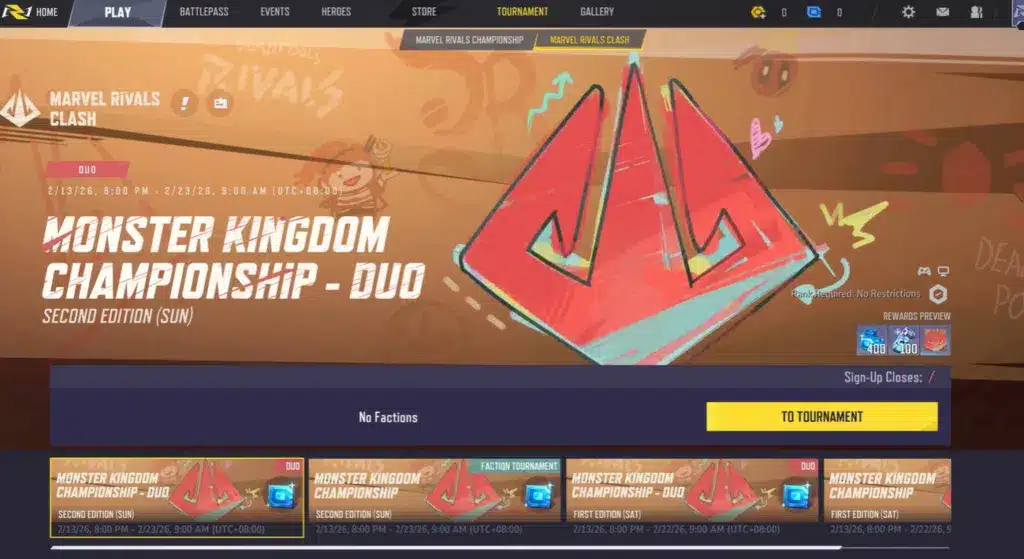 Monster Kingdom Championship turneringsmeny i Marvel Rivals