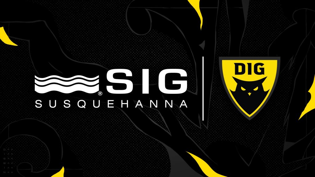 SIG Susquehanna and Dignitas logos against a textured black and yellow background