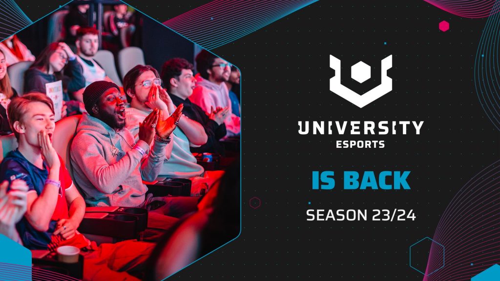 Screenshot of UNIVERSITY Esports logo with esports audience on the left