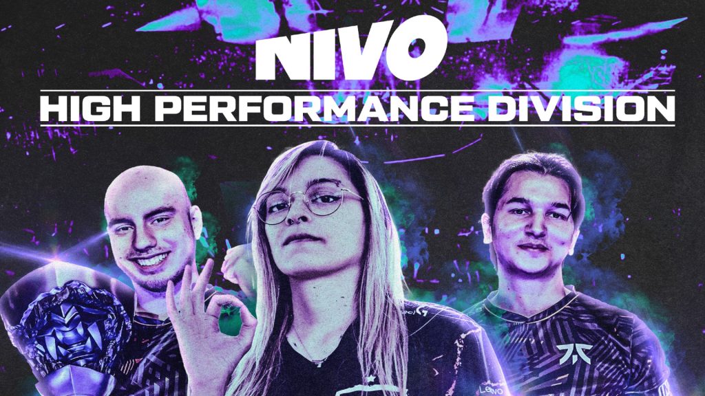 Image of NIVO logo and three esports athletes on blue, purple, and black background