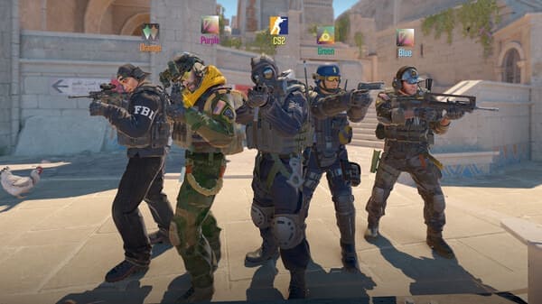 Five armed characters in tactical gear stand in a line, ready for action, with a white pigeon in the foreground and a stone backdrop.