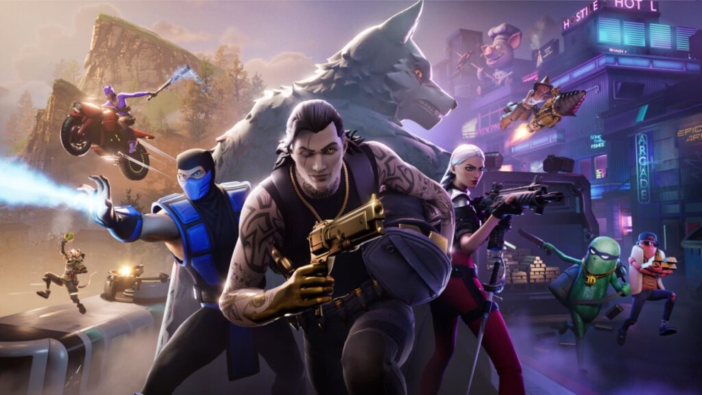 Picture from Fortnite featuring various stylized characters, including a ninja, a futuristic soldier, a werewolf, and other vibrant heroes in action poses, set against a neon-lit cityscape with arcade signs and a mountainous backdrop.