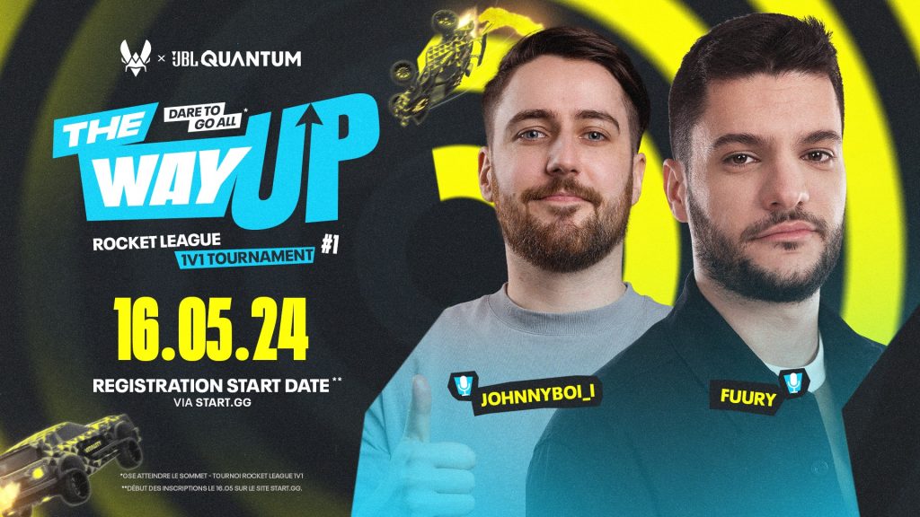 Image of Team Vitality JBL Rocket League tournament host and player on black and yellow background