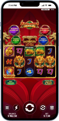 Zhuang’s Treasure slot game on a mobile casino app showing reels, jackpots, and bonus icons
